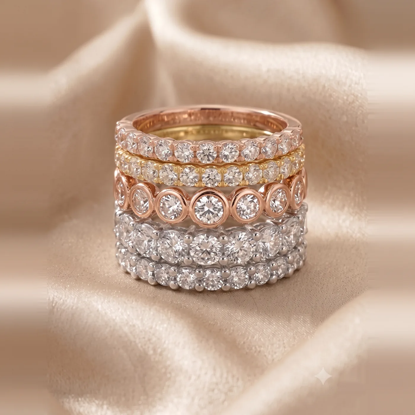 RAUSCHMAYER eternity and anniversary rings stacked in mixed golds