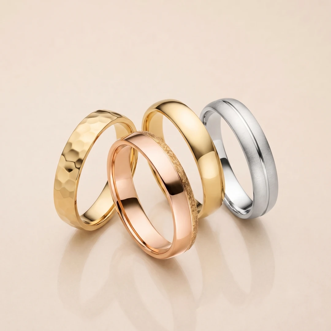 RAUSCHMAYER men's wedding rings — composite of four styles in gold, platinum and white gold