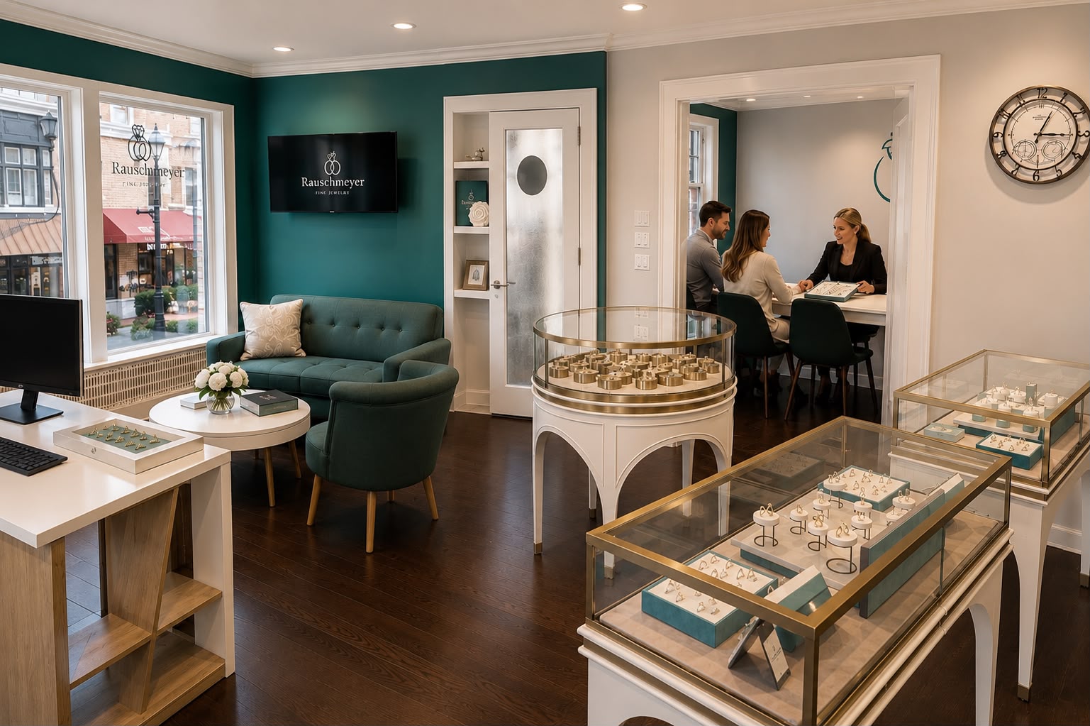 Inside the RAUSCHMAYER Showroom & US Design Studio in Red Bank, NJ — a couple during a private ring fitting
